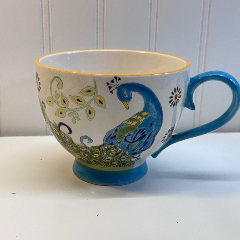 Dutch Wax Peacock Mug Handpainted Ceramic Blue Floral Oversized Boho Folk Art